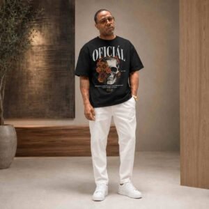 Oficial Skull & Sunflower Graphic Tee — Men's Boxy Streetwear Shirt
