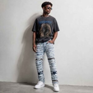 Vintage Wash Distressed Ripped Knee Lined Jeans
