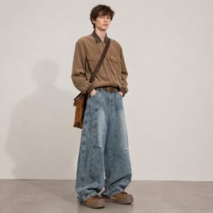 Retro Pleated Washed Denim Jeans Mens Straight-Leg Loose-Fit