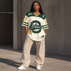 Vintage Letter Print V-Neck Oversized Jersey Shirt