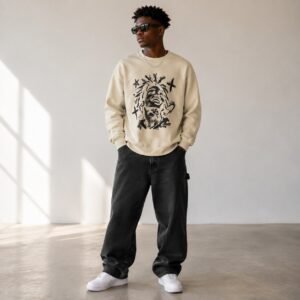 Graphic Crewneck Sweatshirt — Smiling Portrait Sketch Design