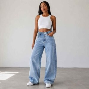Fashionable Rhinestone-Embellished High-Waist Loose Casual Straight-Leg Denim Jeans