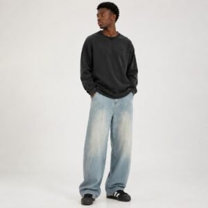Wide-leg Washed Denim Jeans Mens Loose Casual Pants